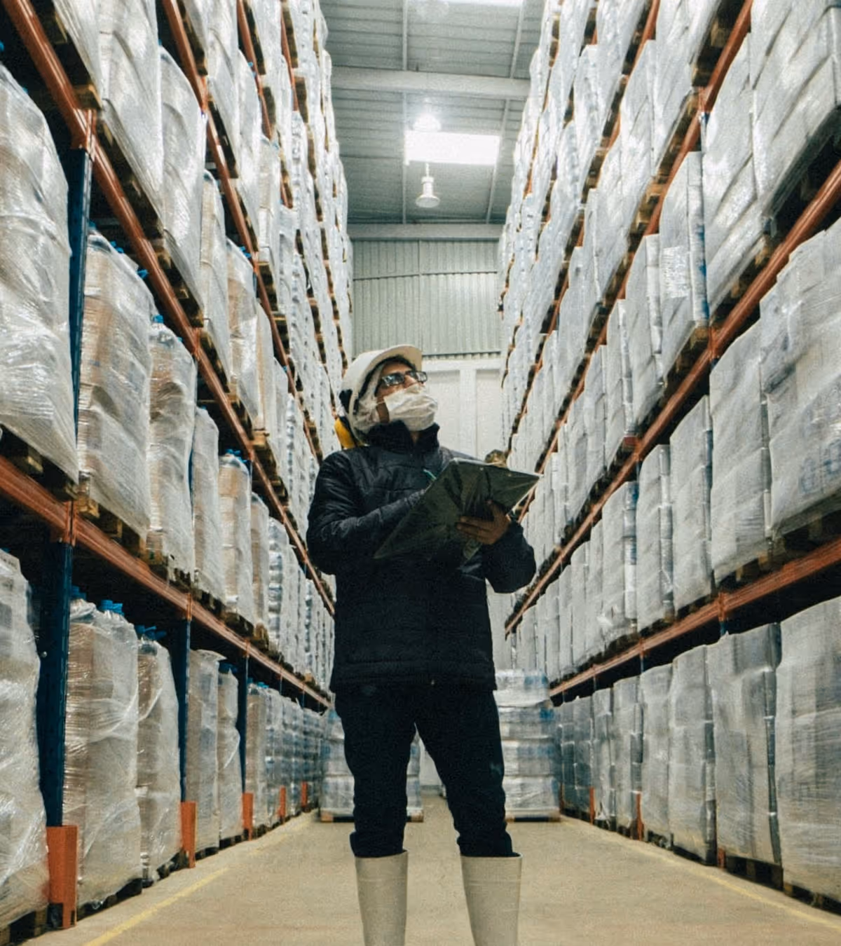Warehouse worker wearing a white hard hat, face mask, and boots holding a clipboard and inspecting stacked pallets wrapped in plastic.