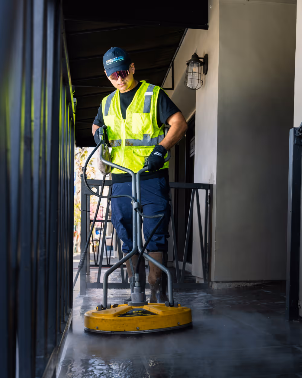 Worker wearing a yellow safety vest and cap using a yellow floor cleaning machine on a wet balcony floor.